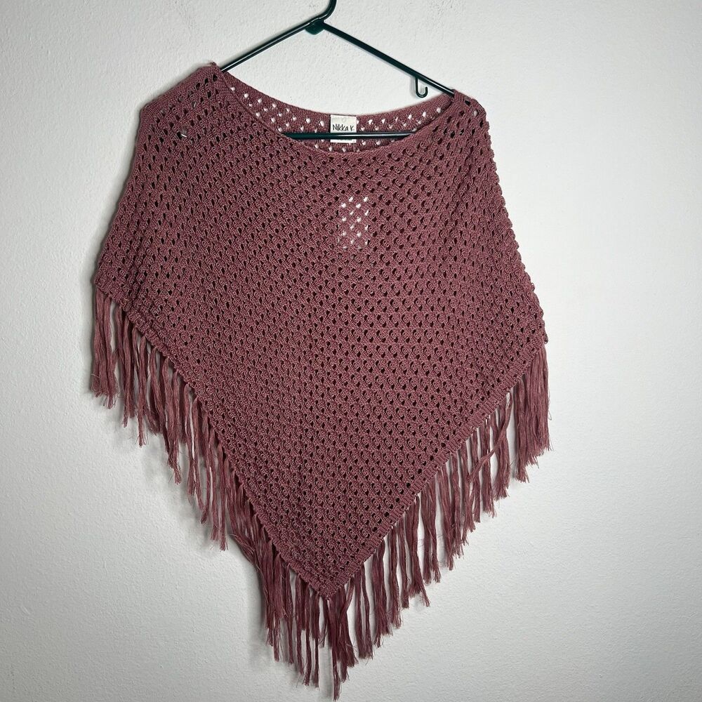 Nikka K Womens Fringe Poncho Knit Velvet Mauve New Size L